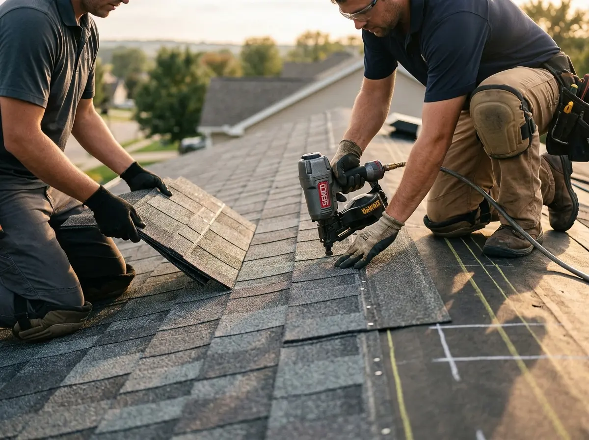 Professional roofer working on a residential roof in Conemaugh